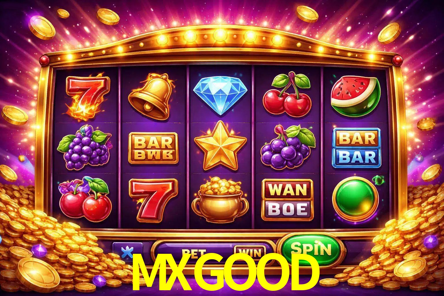 Una interfaz colorida de tragamonedas en línea con símbolos brillantes, monedas y un efecto de victoria celebratoria en MXGOOD.